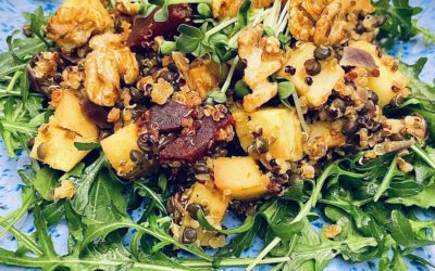 Ayurveda Mittagessen: Geschmorte Pastinaken- und Rote Beetewürfel an Quinoa-Beluga-Linsen mit kandierten Walnüssen auf einem Rucola-Bett